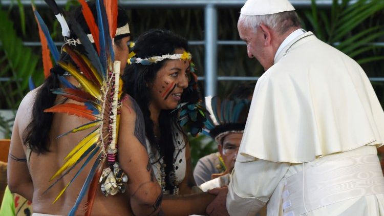 Pope Francis greets indigenous representatives in Puerto Maldonado, Peru