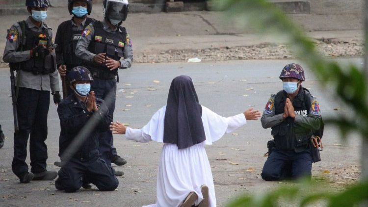 File photo taken on 8 March 2021 of a Burmese Catholic nun who pleaded with security forces not to harm protesters amid a crackdown on demonstrations against the military 