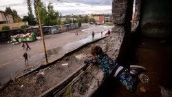 Children play at a housing district block in Slovakia