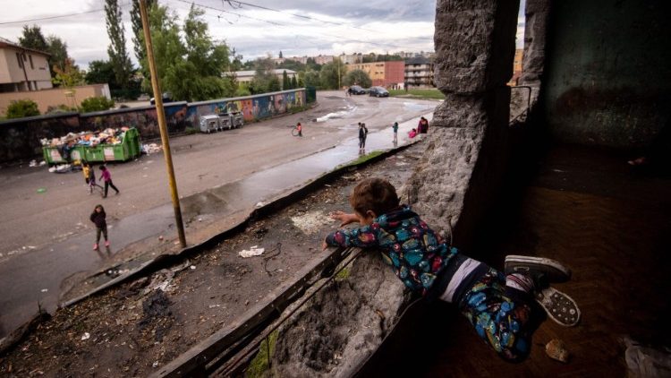 Children play at a housing district block in Slovakia