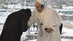 Pope Francis meeting with migrants in Lesbos, Greece, in 2021