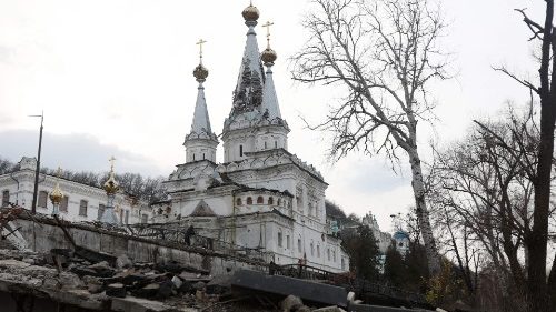 The partially damaged Sciatohirsk Cave Orthodox Christian Monastery in the Donetsk region