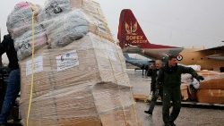 राहत कर्मी विमान से समान उतारते