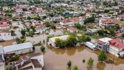 This aerial view shows a flooded Greek village, near the city of Karditsa