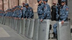 Armenian police stand guard in downtown Yerevan