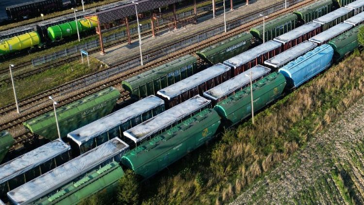 Trains with Ukrainian grain stored in wagons at the Polish-Ukrainian border.