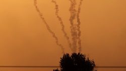 Smoke from rockets being fired from Gaza towards Israel,
