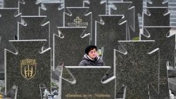 Ucraniana visita cemitério em Lviv. (Photo Yuriy Dyachyshyn/AFP)