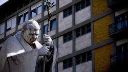 Photo of the statue of Pope John Paul II outside the Gemelli Hospital where Pope Francis was hospitalized on February 14