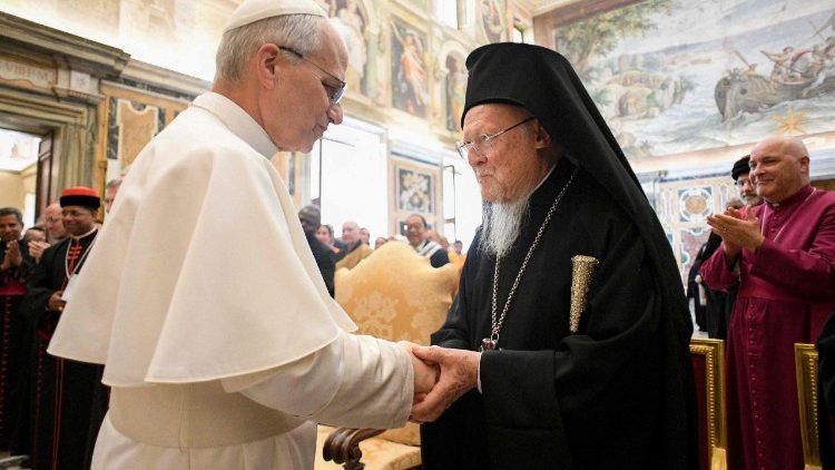 The Ecumenical Patriarch of Constantinople, Bartholomew I, with Pope Leo XIV shortly after the solemn inauguration of the Leo's Petrine Ministry