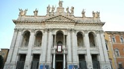Pope Leo addresses the crowd from the St John Lateran archbasilica
