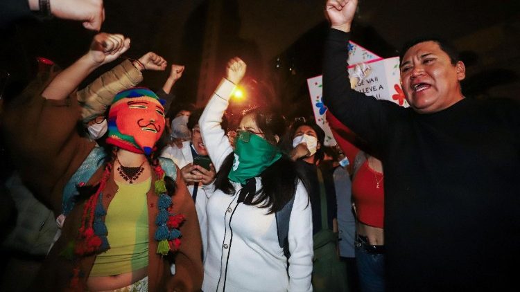 Demonstrators take part in a protest against former President Dina Boluarte
