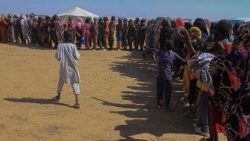 Sfollati da El-Fasher in fila per ricevere aiuti umanitari nella città di Al-Dabba in Sudan (Afp)