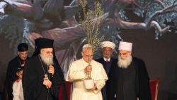 Papa XIV Leo Beyrutda dini liderlər ilə birlikdə sülh rəmzi olan zeytun ağacını əkir (1 dekabr 2025-ci il) 