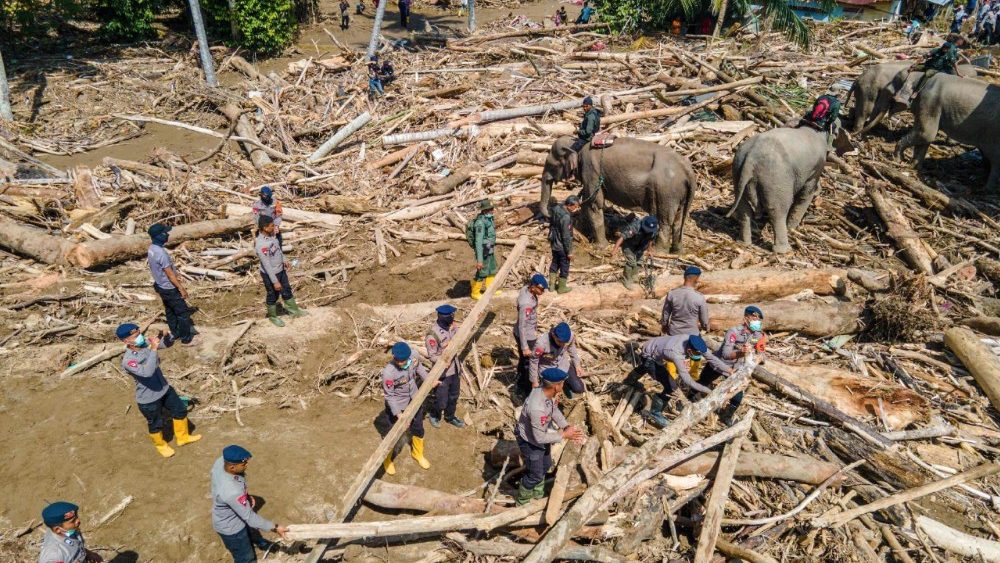 Esta imagem mostra uma vista aérea de membros do Corpo de Brigada Móvel da Indonésia utilizando elefantes de Sumatra para ajudar na remoção de destroços de árvores após enchentes repentinas em Meureudu, distrito de Pidie Jaya, província de Aceh, em 8 de dezembro de 2025. Autoridades nas áreas atingidas pelas enchentes na Indonésia relataram escassez de alimentos, abrigo e medicamentos, enquanto o número de mortos chegou a 950 em 8 de dezembro, após semanas de fortes chuvas. (Foto de CHAIDEER MAHYUDDIN / AFP)