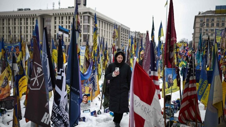 A makeshift memorial to fallen Ukrainian soldiers in Independence Square, Kyiv