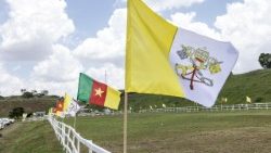 Vatican and Cameroonian flags at Bamenda Airport where Pope Leo will arrive on 16 April