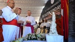 Cardinal Ranjith, Archbishop of Colombo and Archbishop Andrez Jozwowlez, apostolic nuncio to Sri Lanka, pay homage to the victims of the 2019 Easter bombings on the 7th anniversary of the attack