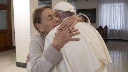 Pope Francis and Edith Bruck embracing at the Pope's residence in the Vatican