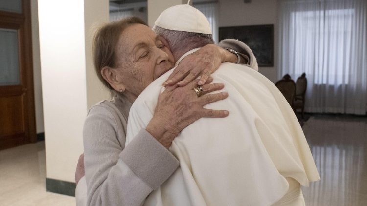 Pope Francis and Edith Bruck embracing at the Pope's residence in the Vatican