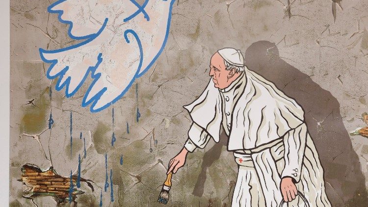  Streetart des Künstlers Maupal zeigt Papst Franziskus beim Versuch, Frieden zu schaffen: Der Papst malt bei der „Via della pace" (Straße des Friedens) eine Friedenstaube mit Ölzweig auf die Wand