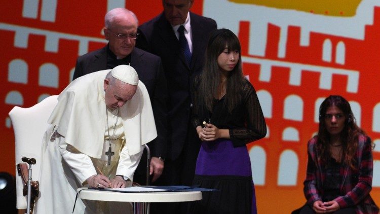 Pope Francis attends an Economy of Francesco event in Assisi in 2022