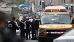 Israeli police and rescue services at the scene of a shooting in Jerusalem