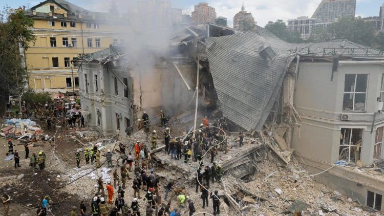 the site of a rocket strike on the Okhmadyt children's hospital in Kyiv