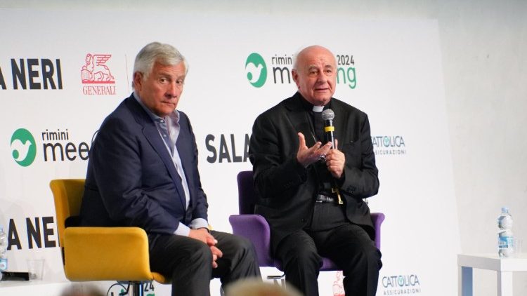 Archbishop Vincenzo Paglia (on the right) with Italian Foreign Minister Antonio Tajani (on the left) speaking at the roundtable in Rimini "Paths of Peace"