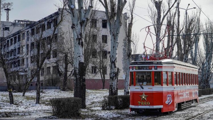 A tram goes down a street in Mariupol, Donetsk region, 17 February 2025. The city of Mariupol endured a nearly three-month siege during the early stages of the Russian invasion of Ukraine in February 2022, eventually falling to Russia in May of the same year.
