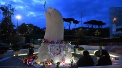 Bafololo, mikanda nà ba kandela ekitisami liboso ya ekeko ya St Jean-Paul II  liboso ya lopitalo ya Gemelli na Roma epayi wapi Pàpe Franswa azali.