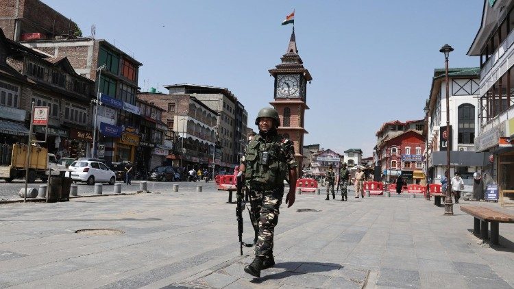 Soldiers patrol the streets in Srinagar