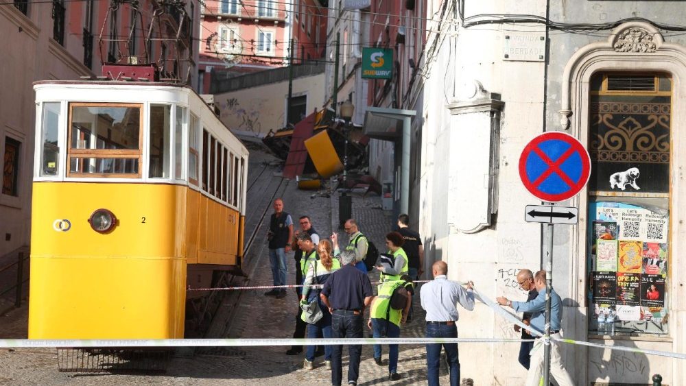 Aftermath of the Gloria funicular derailment in Lisbon