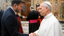 Këngëtari kanadez Michael Bublé, i cili do të performojë nesër në Koncertin me të Varfrit, shtrëngon duart me Papën. (@VaticanMedia)