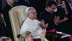 Påve Leo XIV under konserten i Vatikanen på lördagen 