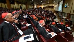 ಪೋಪ್ XIV ನೇ ಲಿಯೋರವರು VI ನೇ ಪಾಲ್ ಸಭಾಂಗಣದಲ್ಲಿ ಸೇರಿದ ಕಾಡಿ೯ನಲ್ ಗಳನ್ನು  ಉದ್ದೇಶಿಸಿ ಮಾತನಾಡಿದರು.