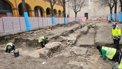 I resti della Basilica romana di Vitruvio rinvenuti nel centro della città di Fano, in provincia di Pesaro e Urbino, durante gli scavi per la riqualificazione di piazza Andrea Costa. Fano, 20 gennaio 2026, ANSA/Ufficio stampa Comune di Fano