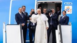 File photo of Pope Leo waving from the papal plane