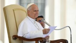 Papst Leo bei der Generalaudienz (im Hintergrund sein peruanischer Sekretär Edgard Iván Rimaycuna Inga aus Chiclayo)