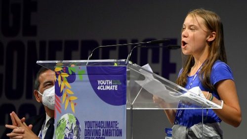 Swedish teenage climate activist Greta Thunberg speaks at the Youth4Climate event in Milan, Italy, on Sept. 28, 2021