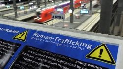 File photo of a European border crossing warning for human trafficking