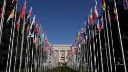  The flags alley is seen outside the United Nations building during the Human Rights Council in Geneva