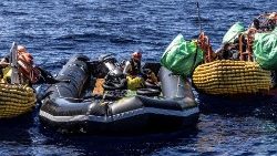 File photo of a rubber dinghy used by migrants to cross the Mediterranean 