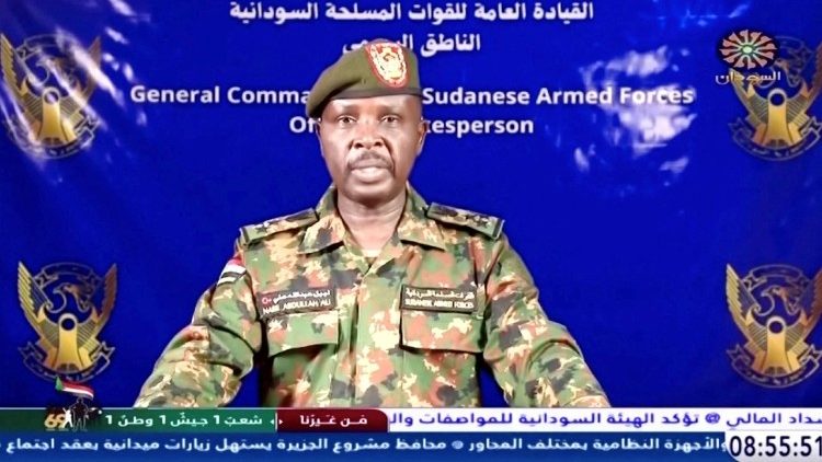 A Sudanese army spokesperson gives a statement on Sudan TV, after, according to the Sudanese army, they took the control of the presidential palace