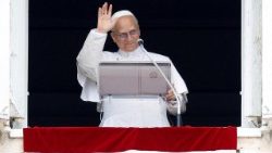 Pope Leo XIV leads the Angelus prayer from his window at the Vatican
