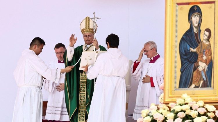 Pope Leo XIV leads the Angelus prayer in Tor Vergata