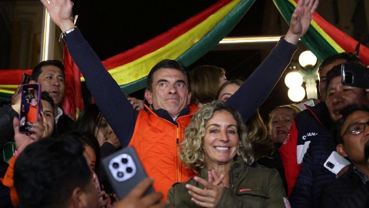 Bolivian presidential candidate Rodrigo Paz reacts to early results in the first round of the presidential election