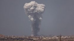 Smoke rises from Gaza after an explosion as seen from the Israeli side of the border