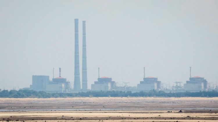 View shows Zaporizhzhia Nuclear Power Plant from the bank of Kakhovka Reservoir in Nikopol