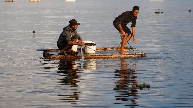 गज़ा सिटी के बंदरगाह पर इस्राएल और हमास के बीच युद्ध विराम के दौरान फिलिस्तीनी मछली पकड़ते हुए